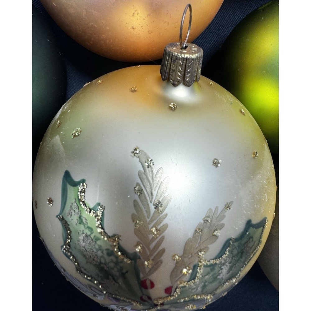 West Germany~ Round Peach Green Gold Glass Ornaments Glitter Set of 8 - Picture 4 of 11